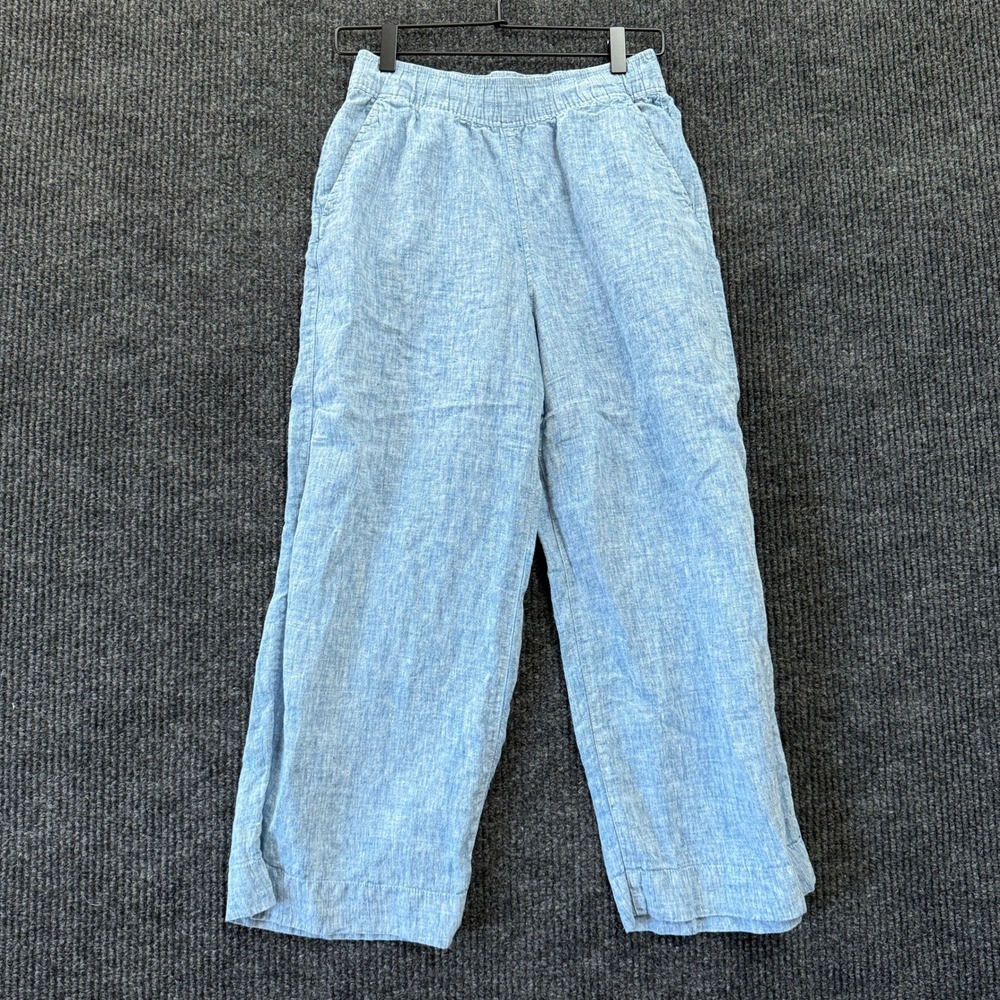 Tahari Linen Pants Womens S Small Blue Wide Leg Cropped Pull On Elastic Waist